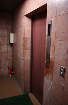 入口奥（3段の階段があります）に茶色のエレベーターがあります。